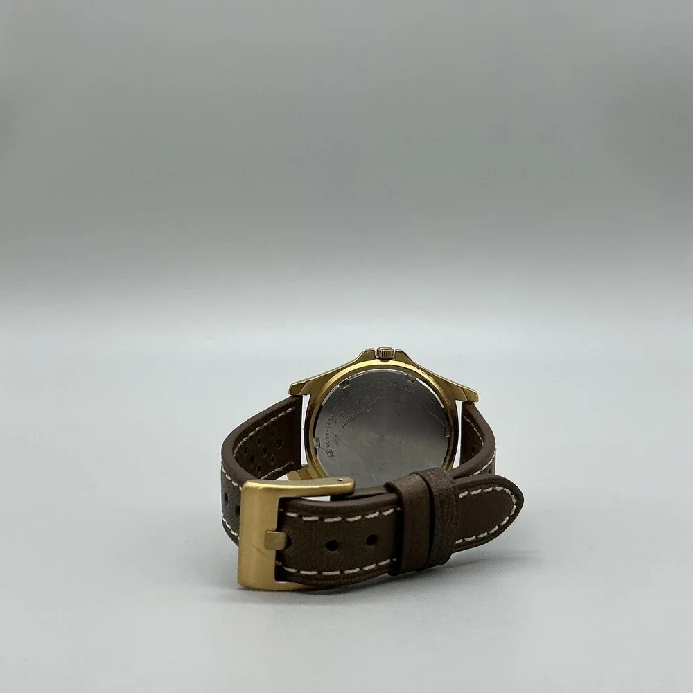 Vintage Seiko 7N43-8B09 Mens Watch 38mm Green Dial Day Date Brown Leather Quartz